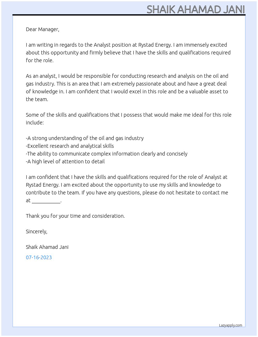 Analyst  At Rystad Energy  Cover Letter
