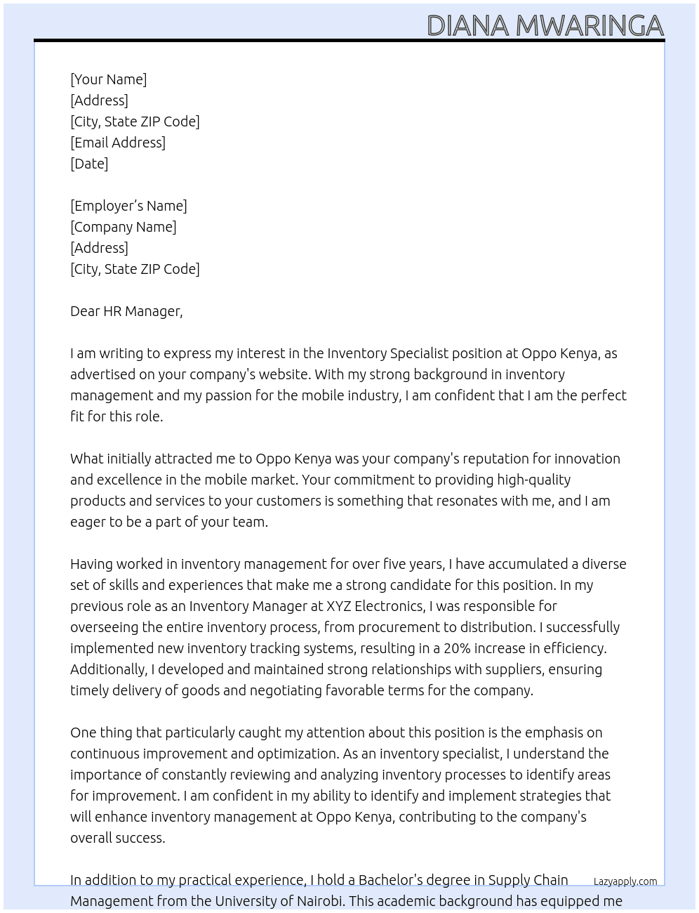 Inventory specialist At Oppo Kenya Cover Letter