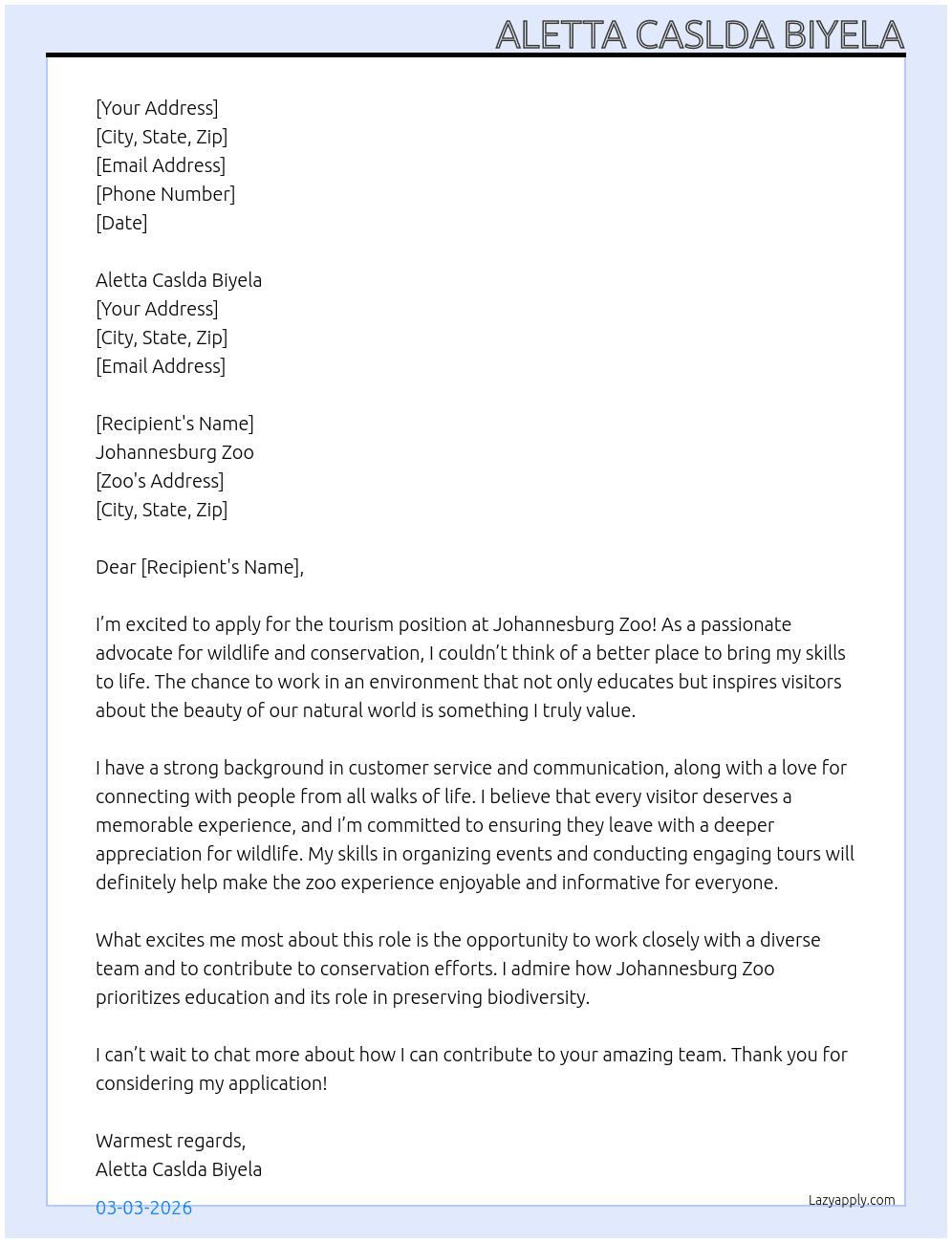 tourism job At johanesburg zoo Cover Letter