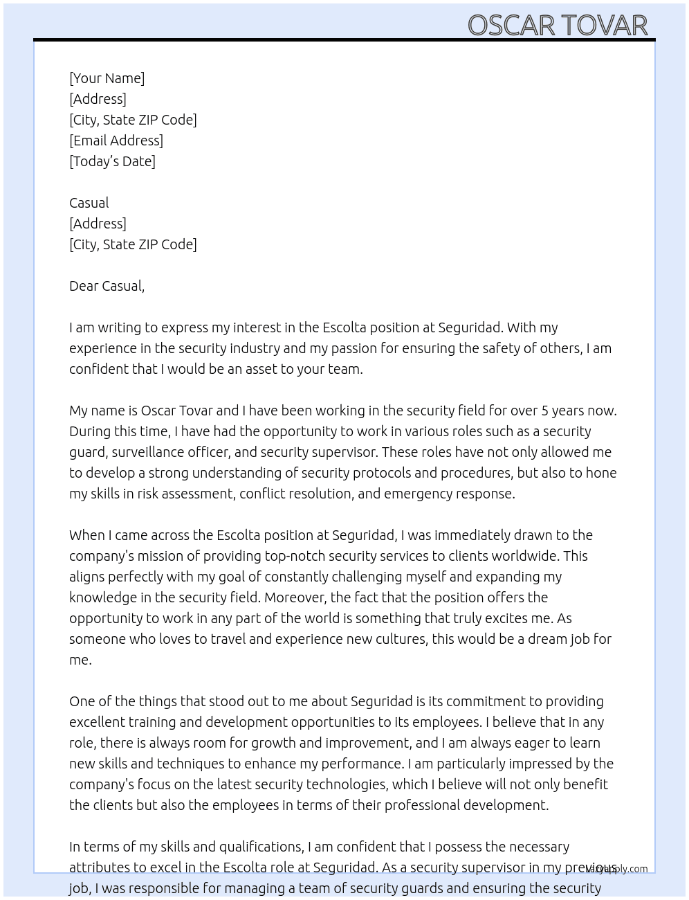 Escolta  At Seguridad  Cover Letter