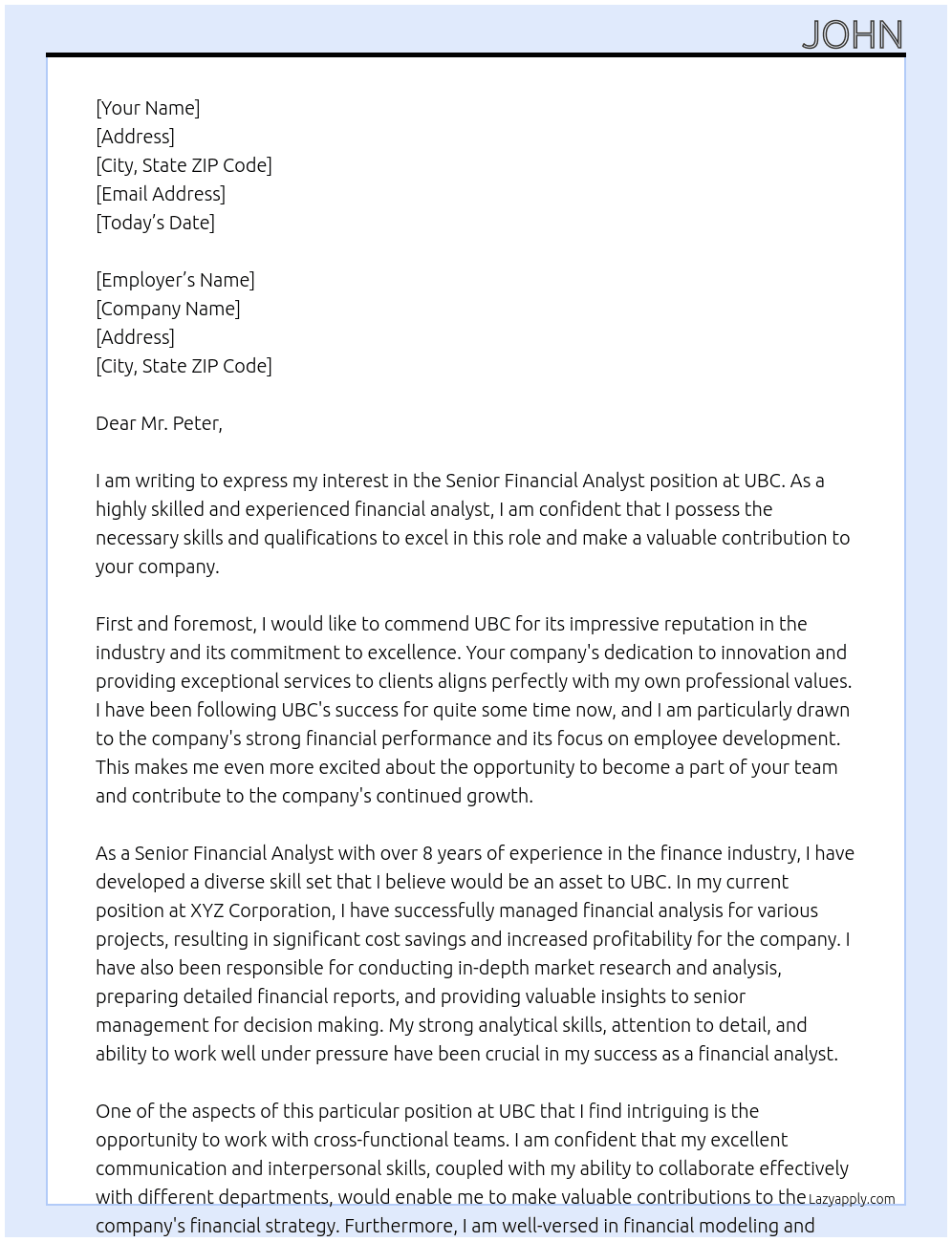Senior Financial Analyst At UBC Cover Letter