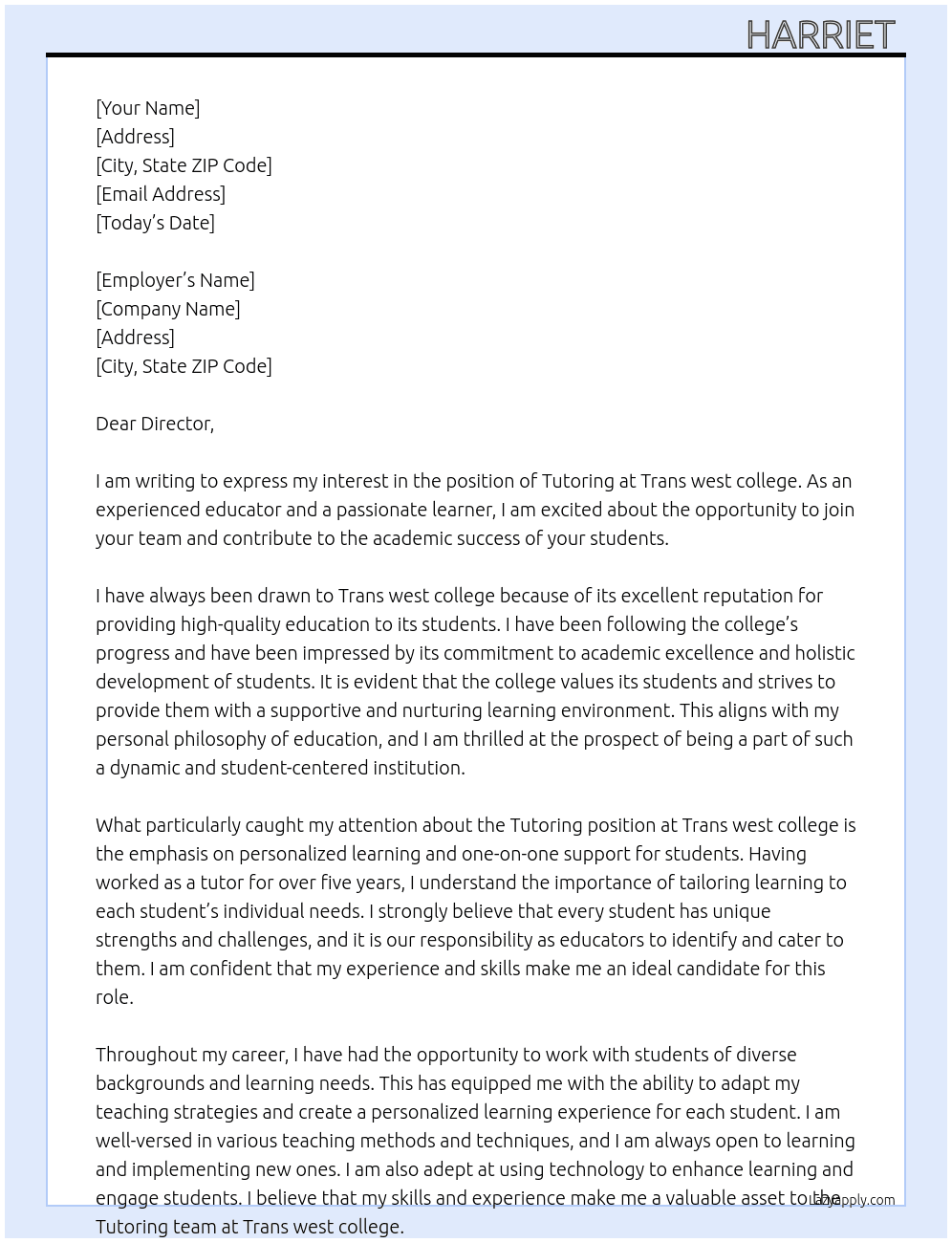 Tutoring  At Trans west college  Cover Letter