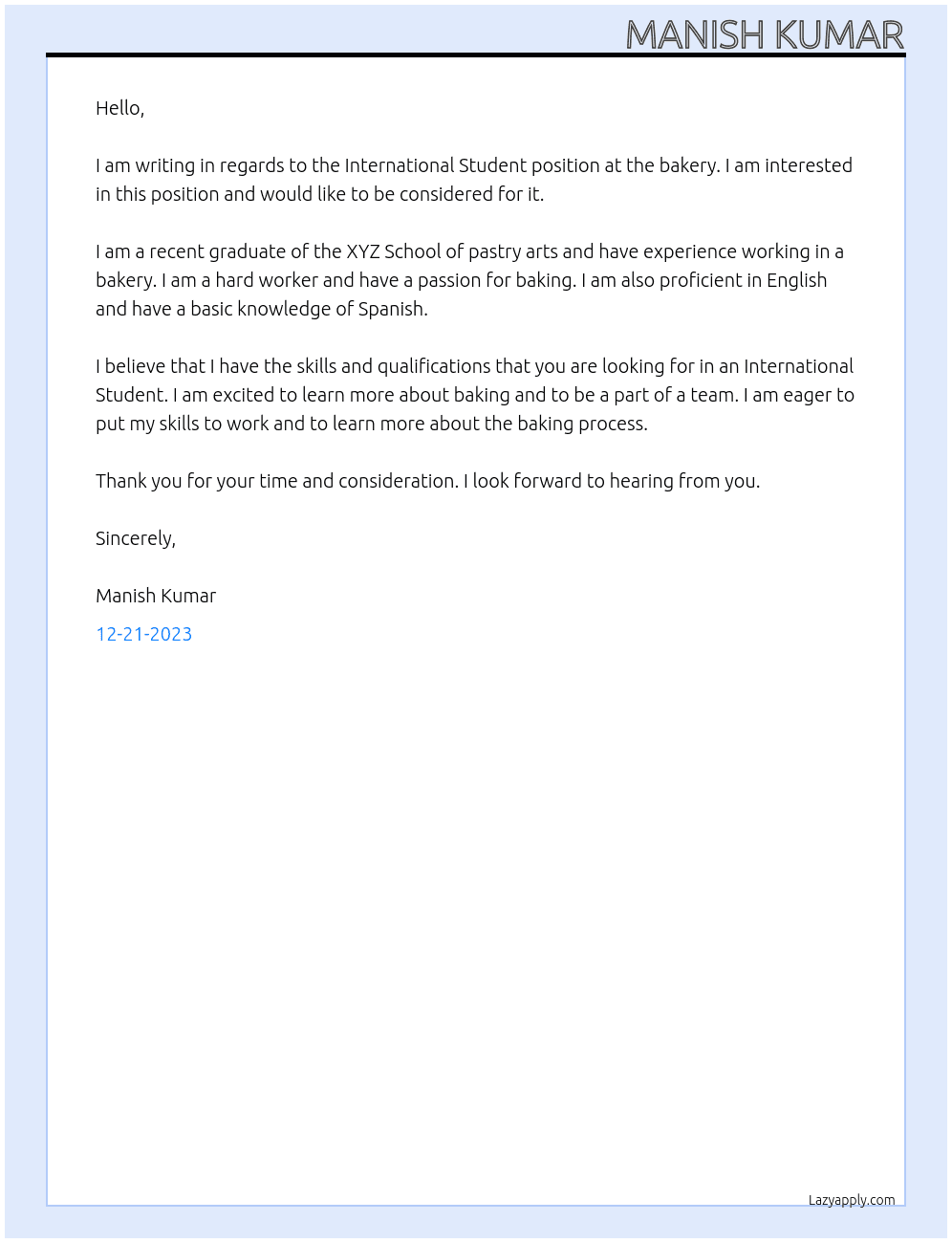 International Student At bakery Cover Letter
