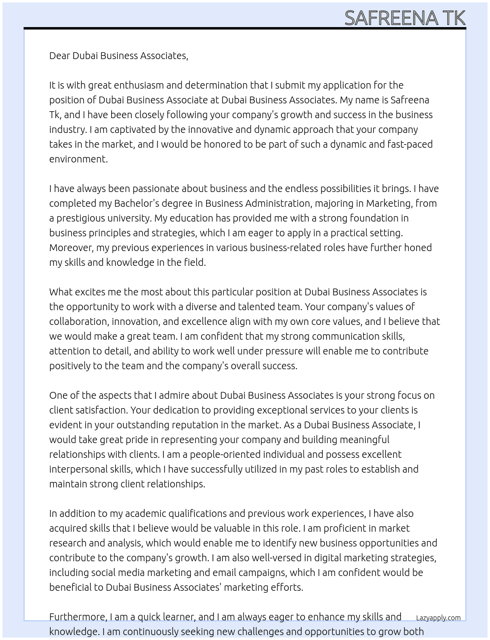 Dubai business associates  At Dubai business associates  Cover Letter