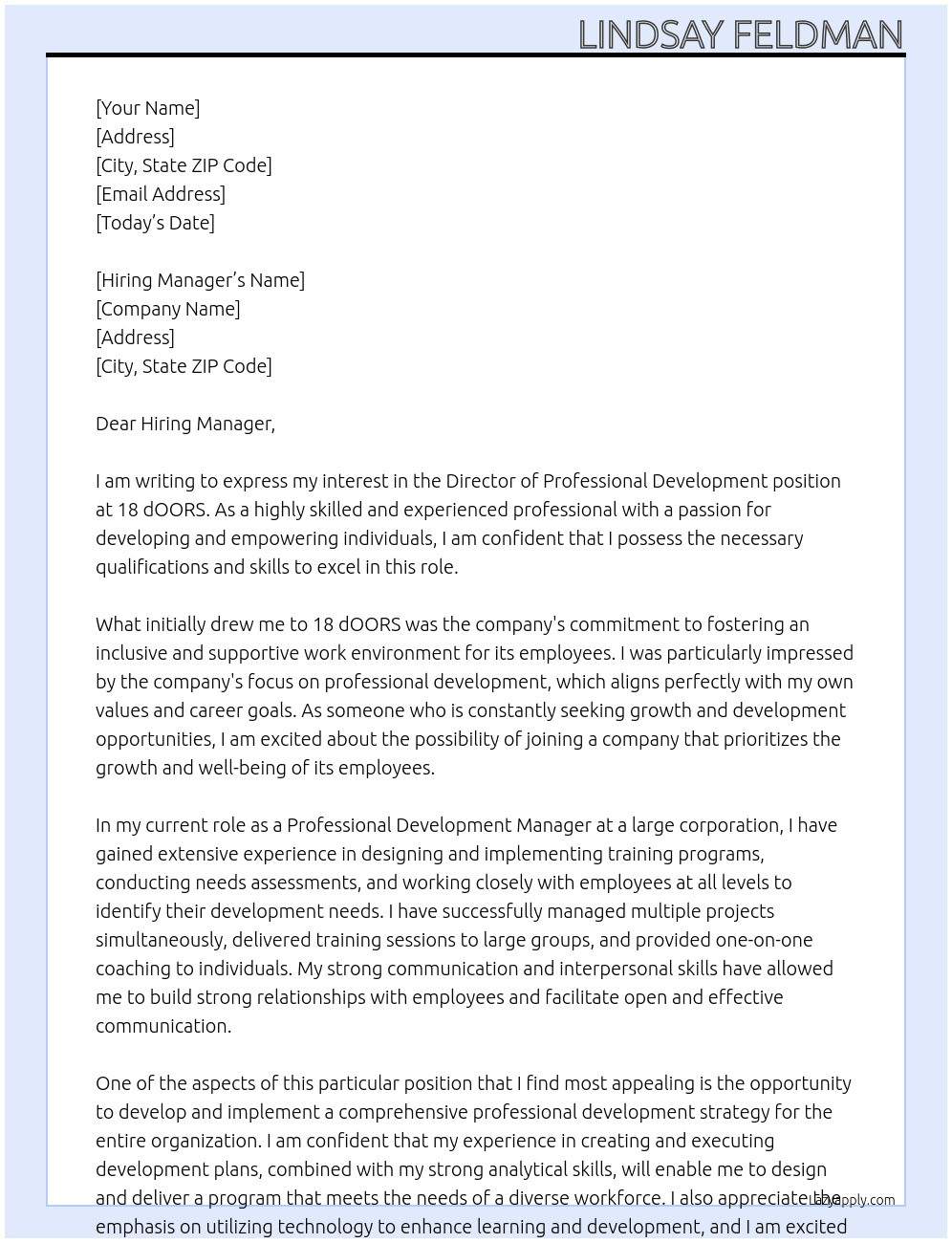 Director of Professional Development At 18 dOORS Cover Letter