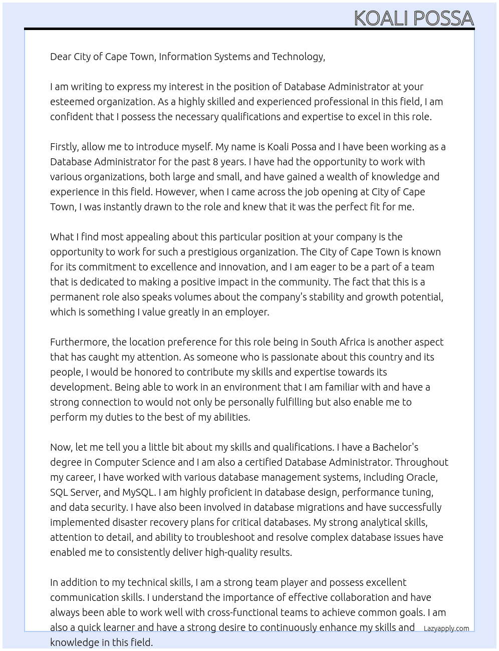 Database Administrator At City of Cape Town Cover Letter