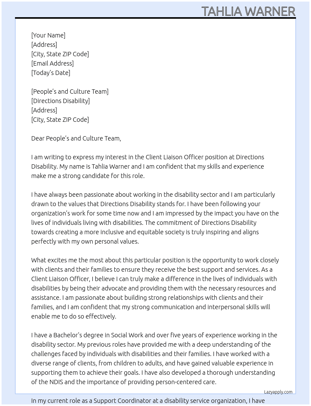 Client Liaison Officer At Directions Disability  Cover Letter