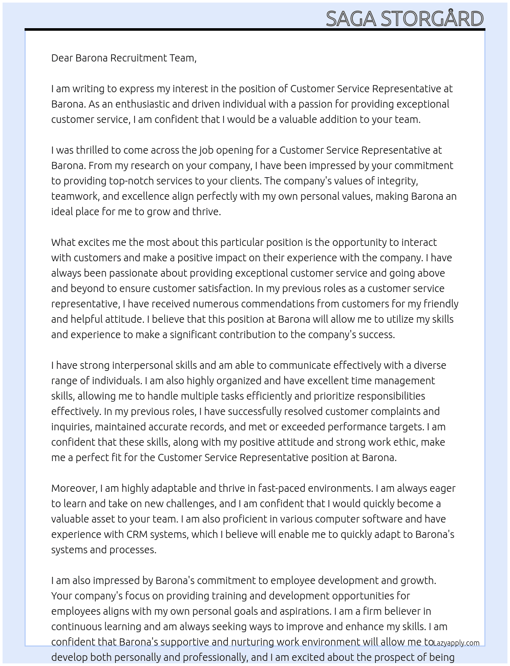 Customer service representative At Barona Cover Letter