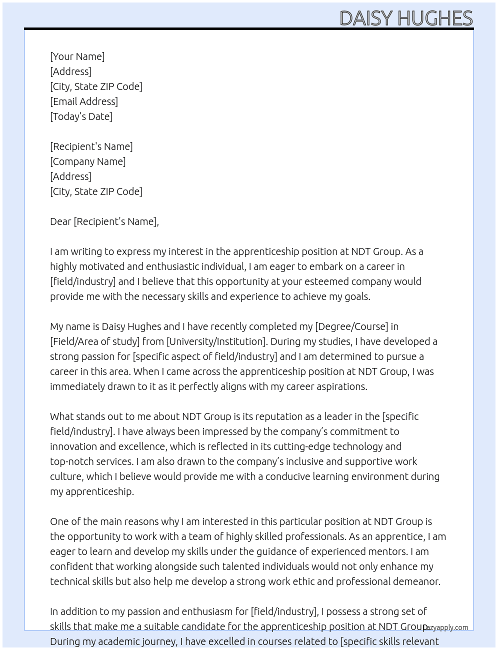 apprenticeship At NDT Group Cover Letter
