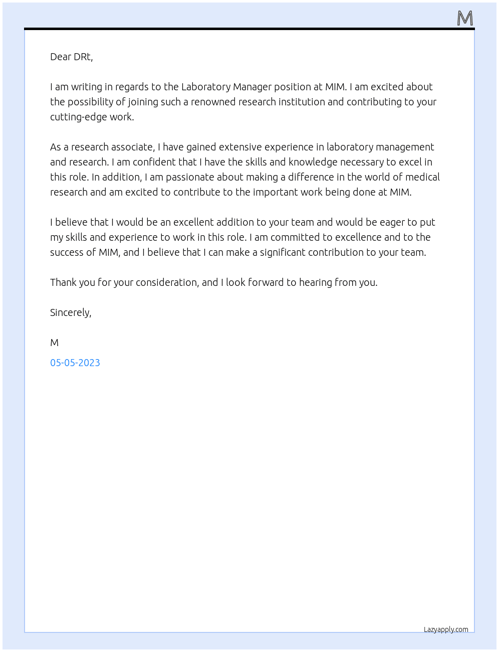 Laboratory Manager , research associate At MIM Cover Letter