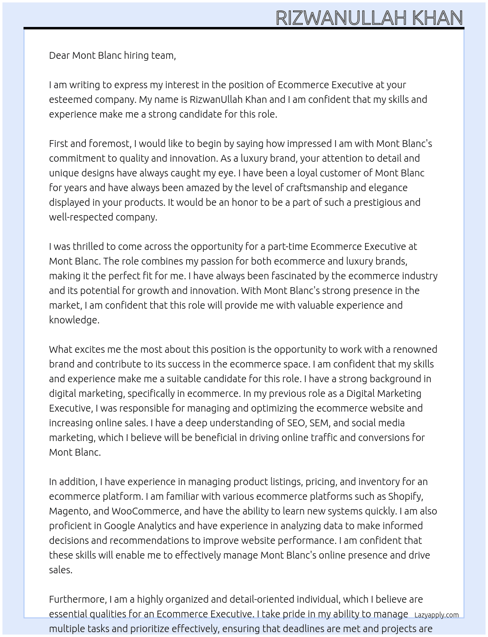 Ecommerce executive  At Mont Blanc Cover Letter