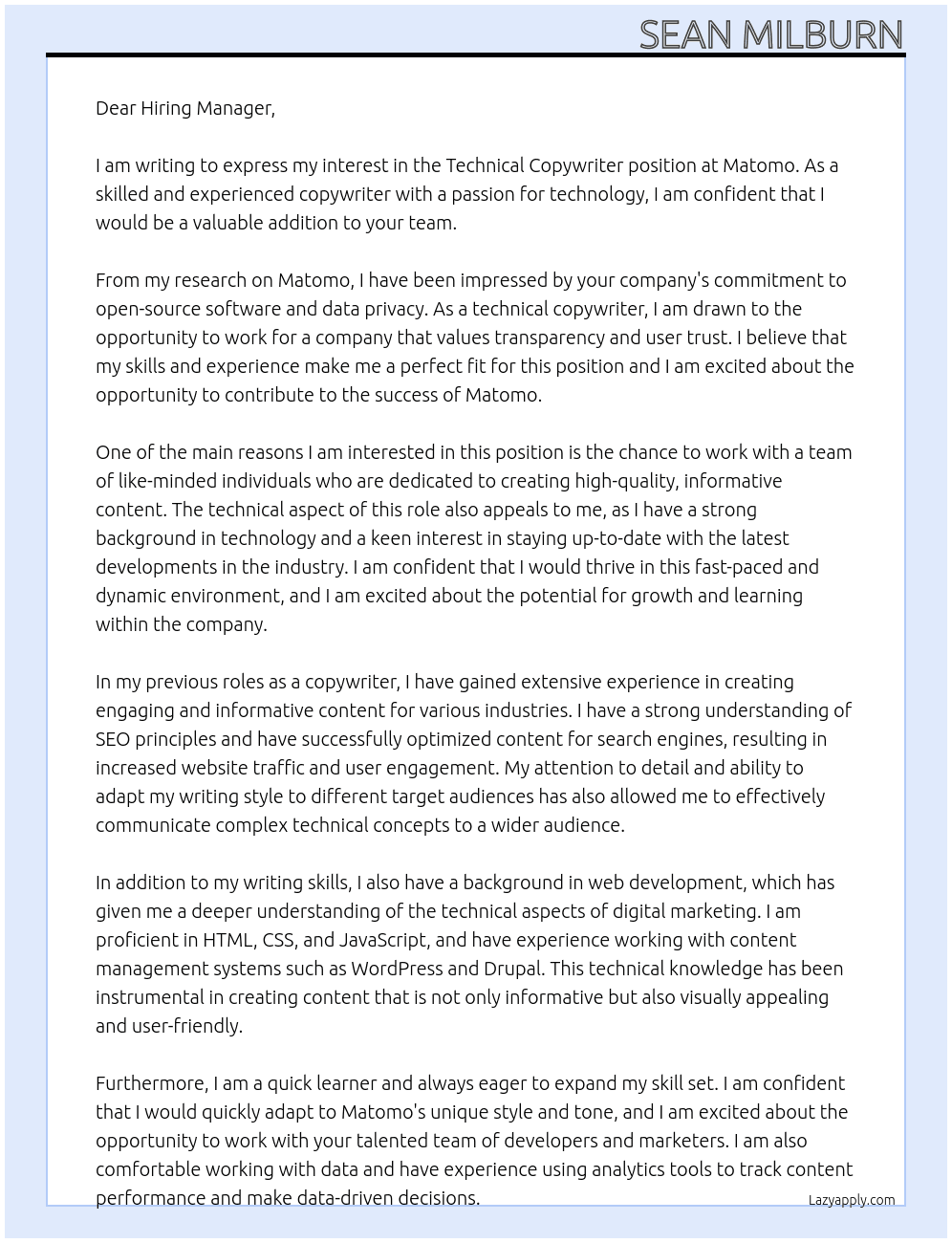 Technical Copywriter  At Matomo Cover Letter
