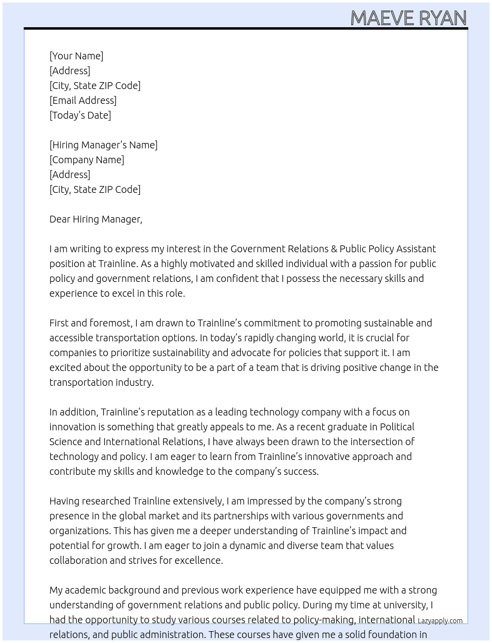 Government Relations & Public Policy Assistant At Trainline Cover Letter
