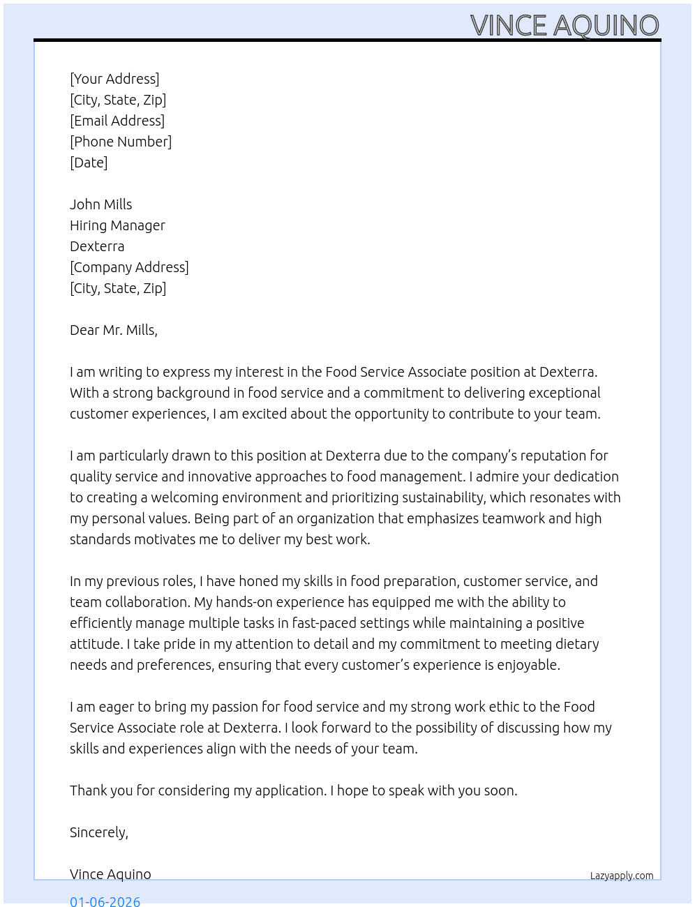 Cover letter for food service associate - LazyApply