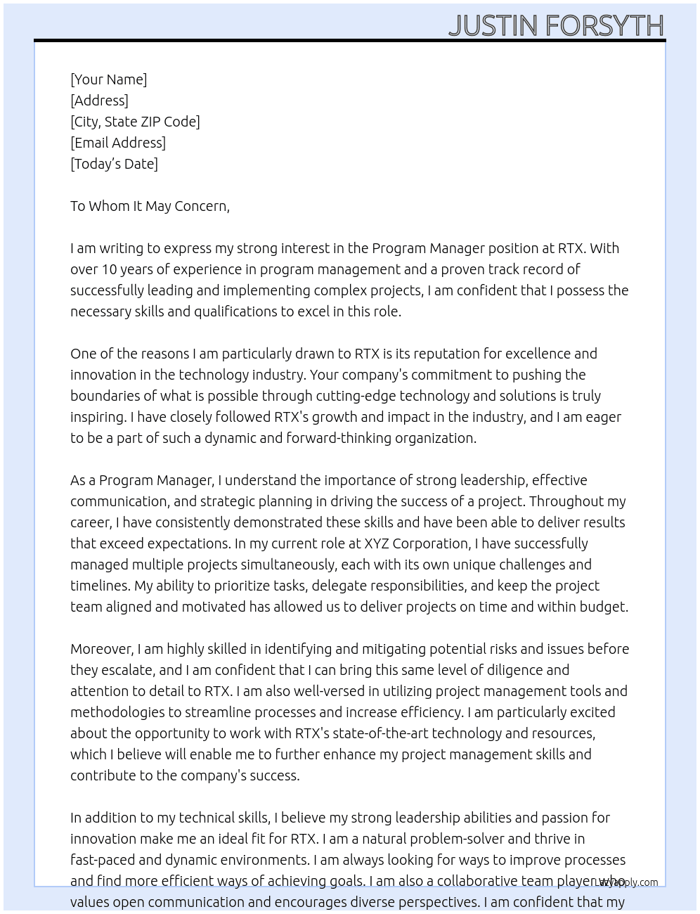 Program Manager At RTX Cover Letter