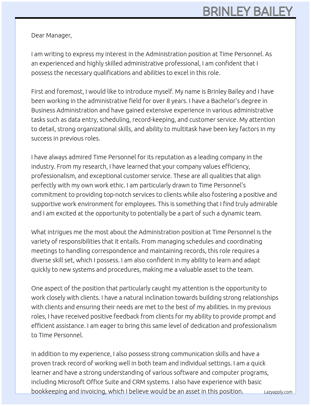 Administration  At Time Personnel  Cover Letter