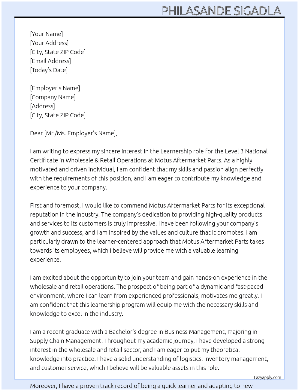 Learnership: level 3 National Certificate in Wholesale & Retail Operations At Motus Aftermarket Parts  Cover Letter