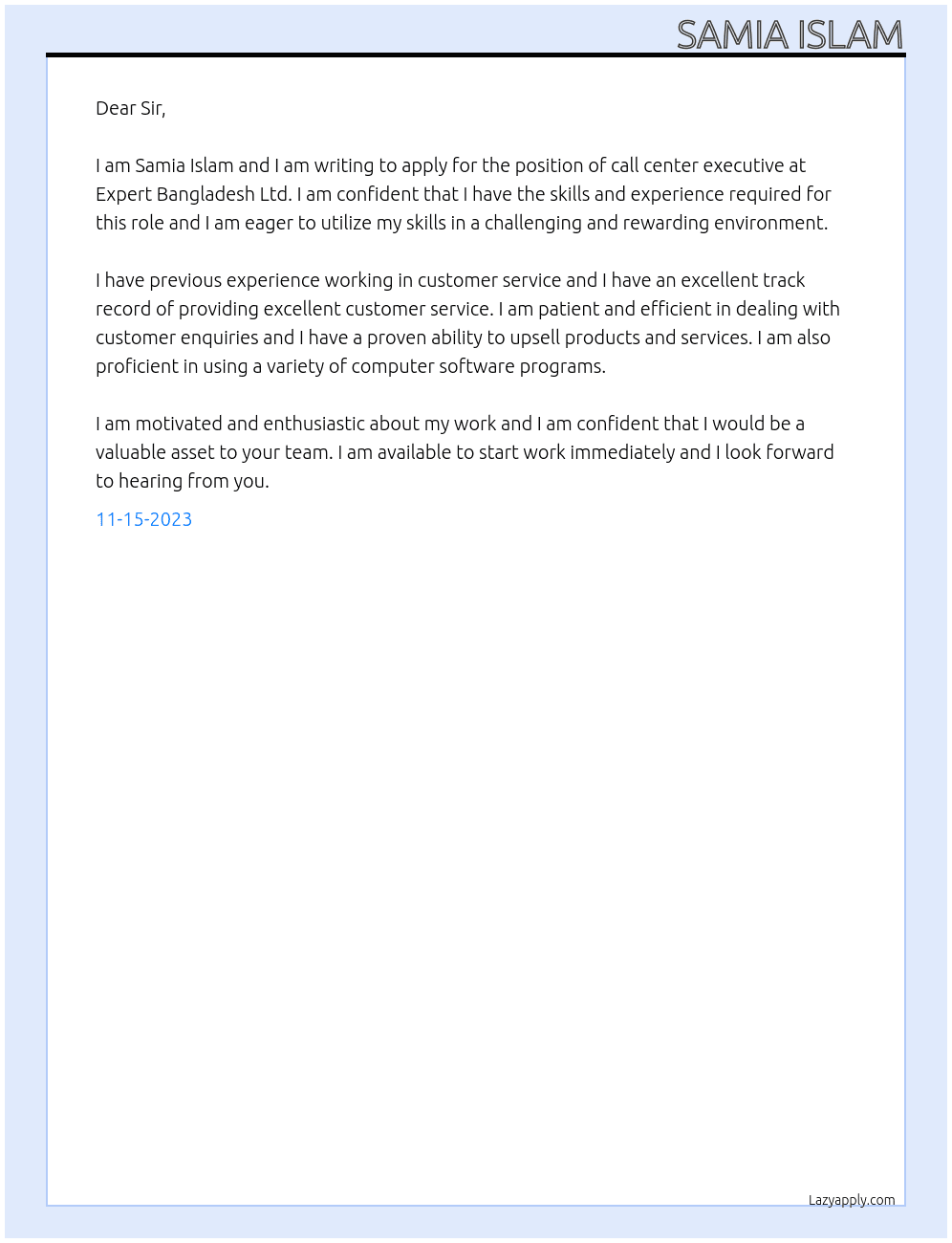 call center executive At Expert Bangladesh Ltd Cover Letter