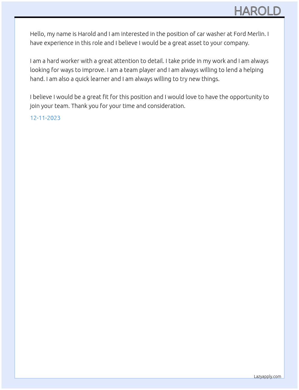 Car washer At Ford merlin Cover Letter
