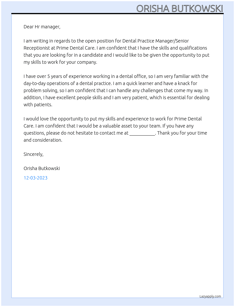 Dental Practice Manager/Senior Receptionist At Prime Dental Care Cover Letter