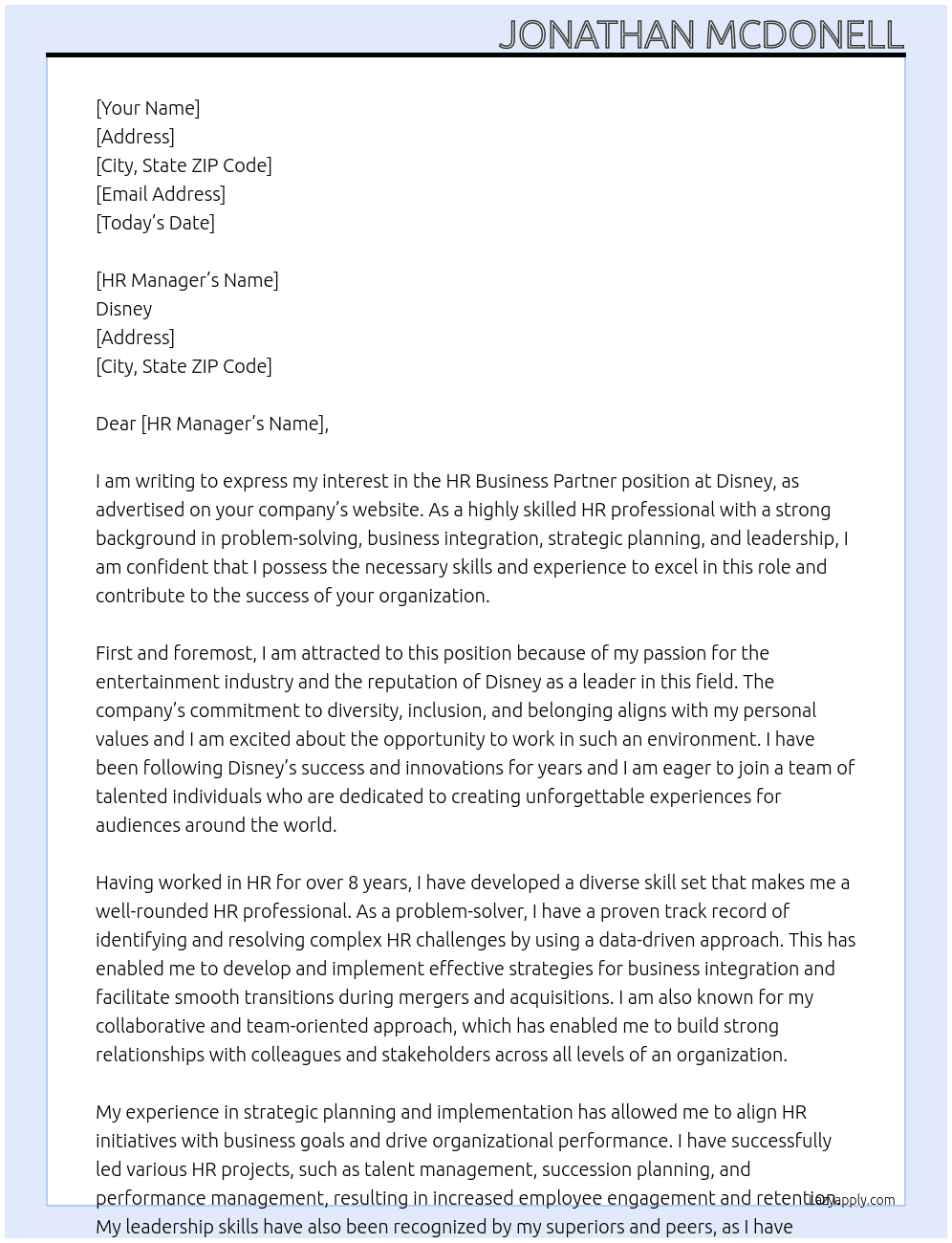HR Business Partner At Disney Cover Letter