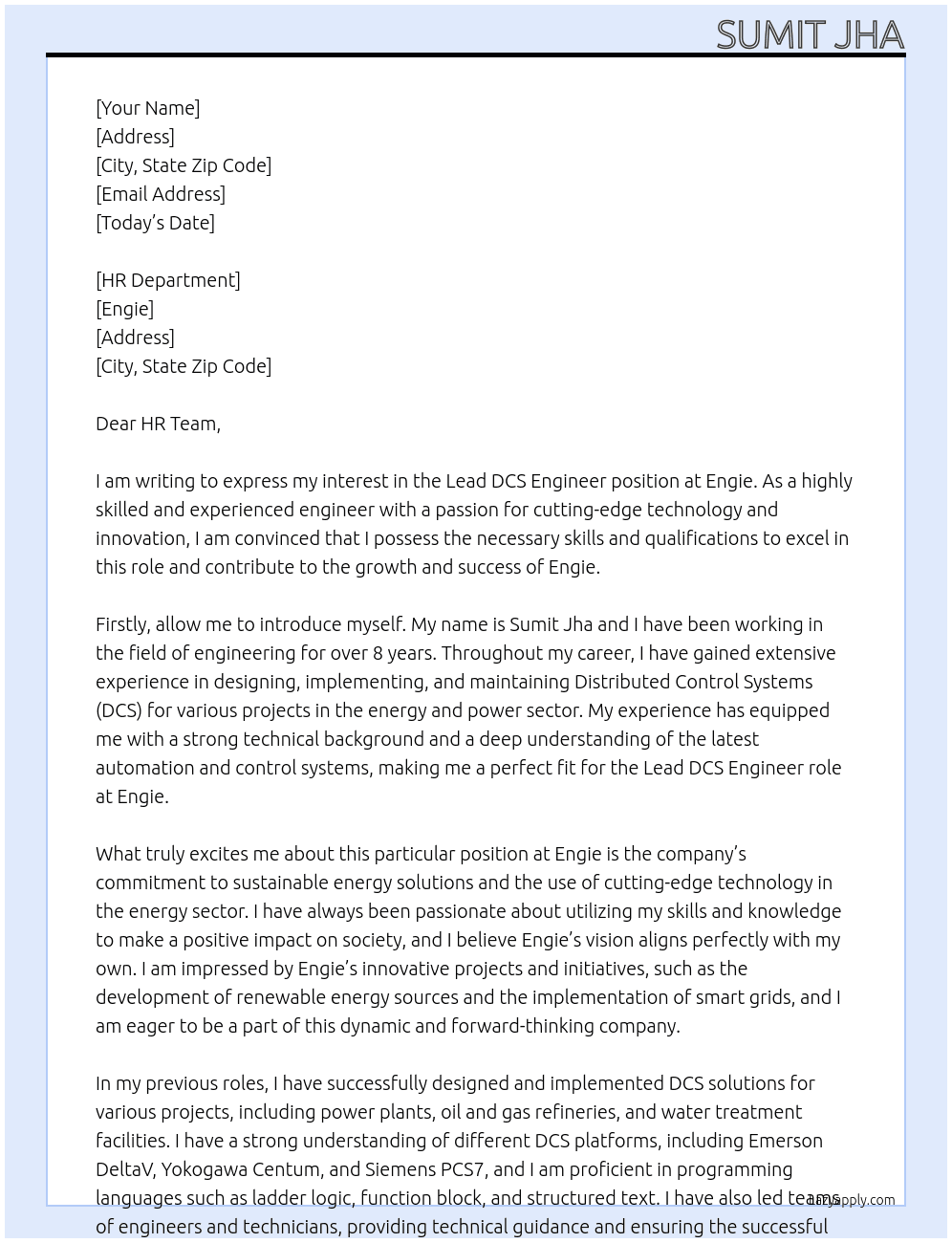 Lead DCS Engineer At Engie Cover Letter