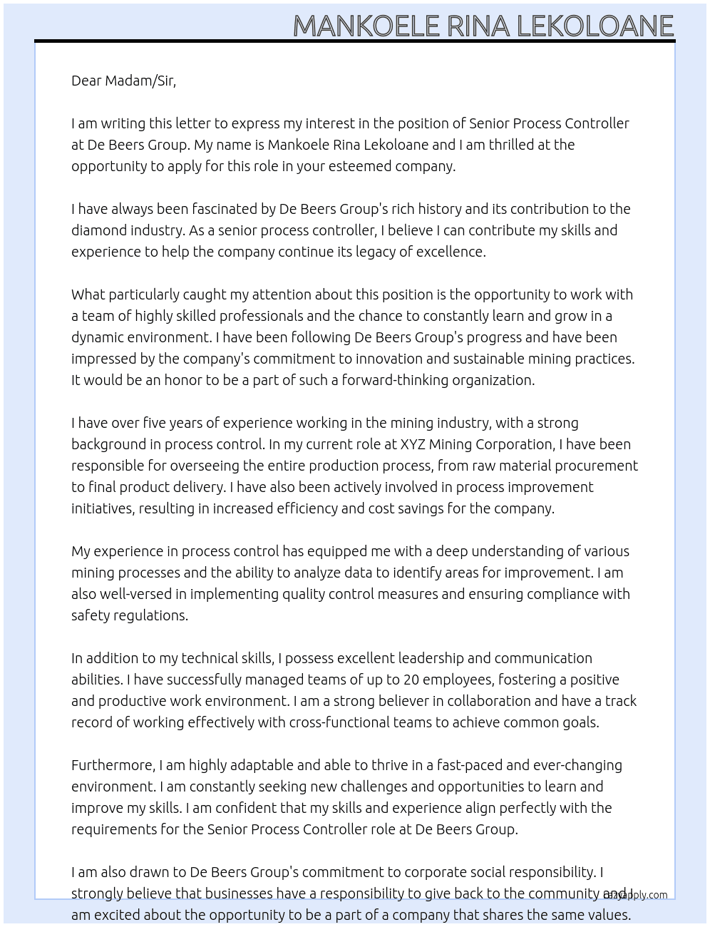 Senior process controller At De Beers Group Cover Letter