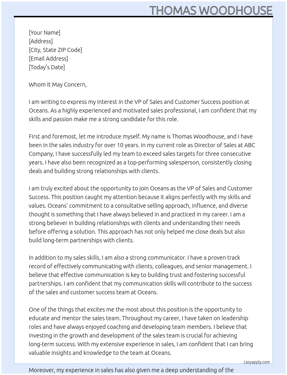 VP of sales and customer success At Oceans Cover Letter