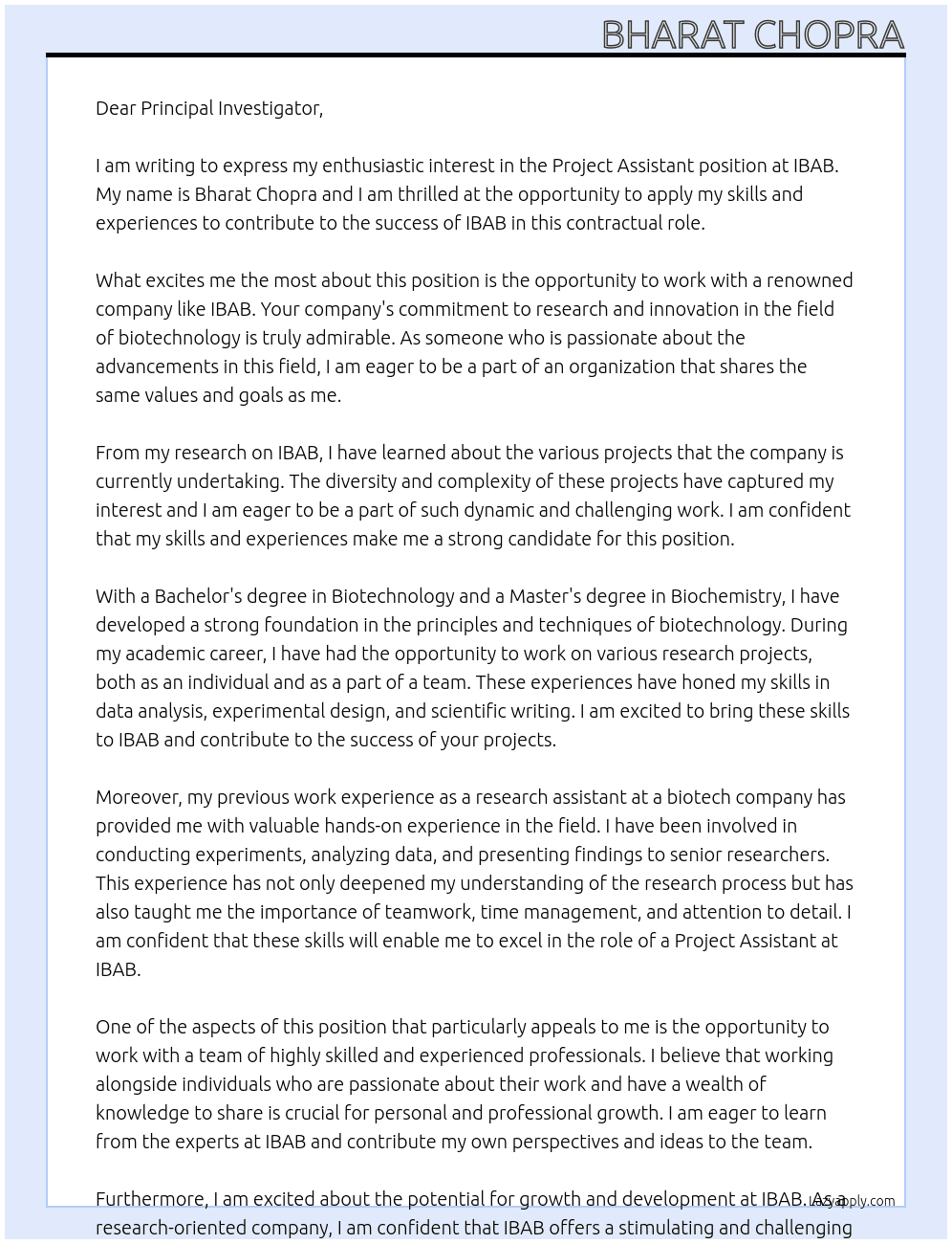 Project assistant At IBAB Cover Letter