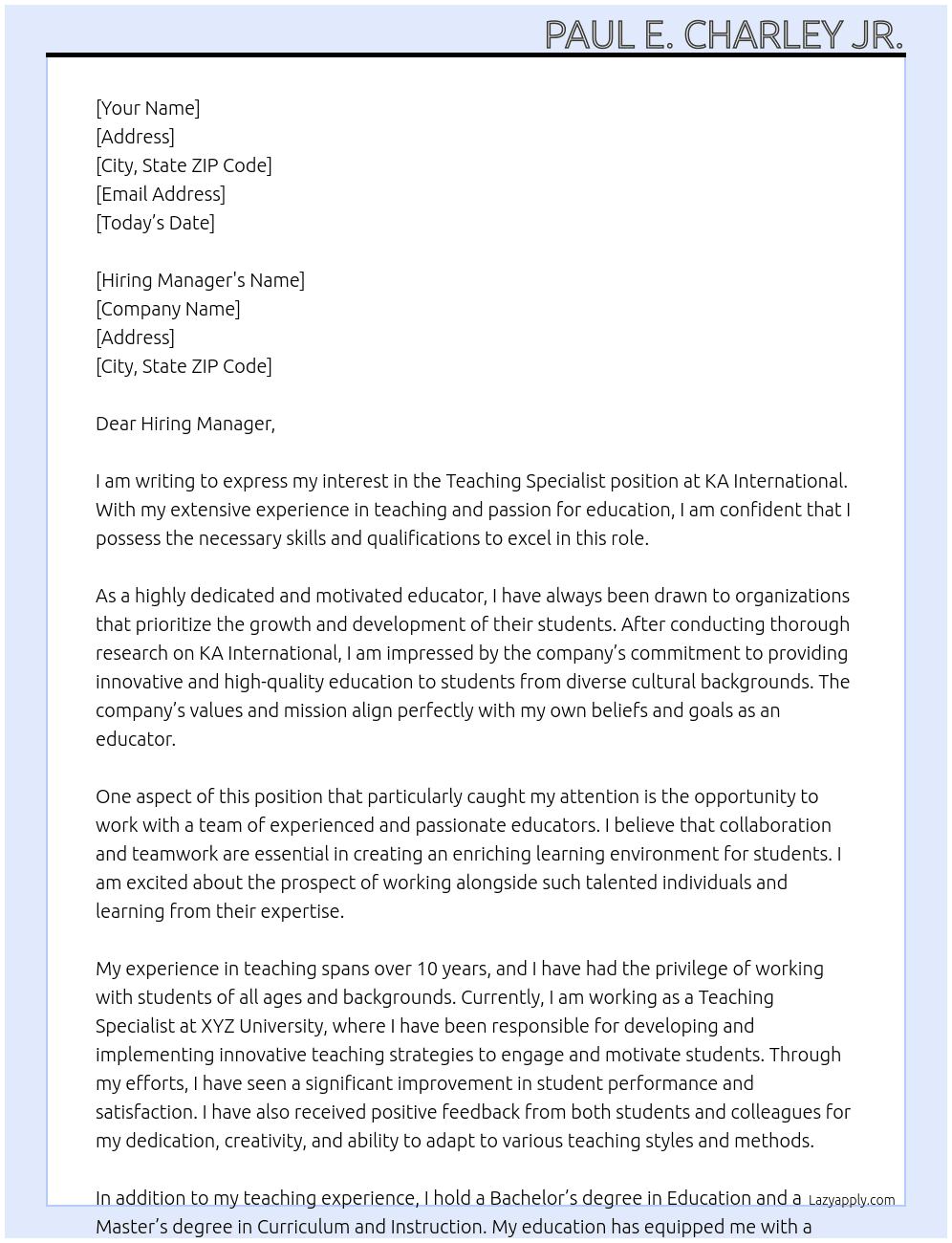 Teaching Specialist At KA International Cover Letter
