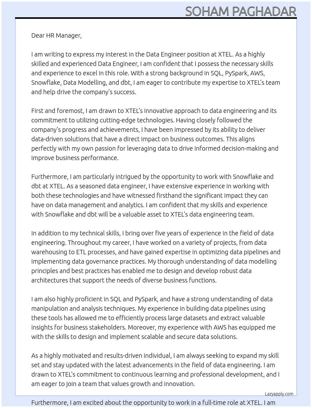 Data Engineer At XTEL Cover Letter