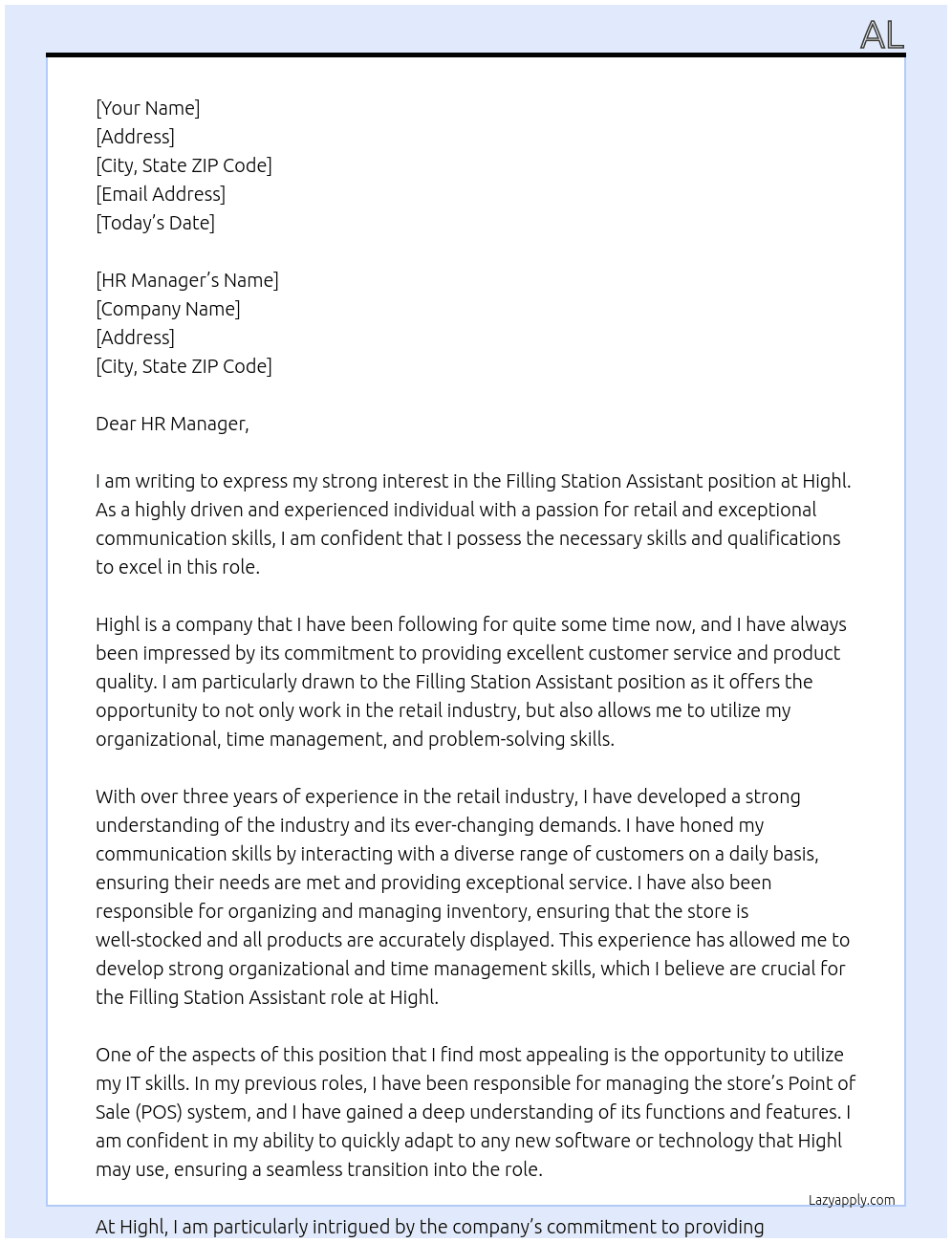 Filling Station Assistant At Highl Cover Letter