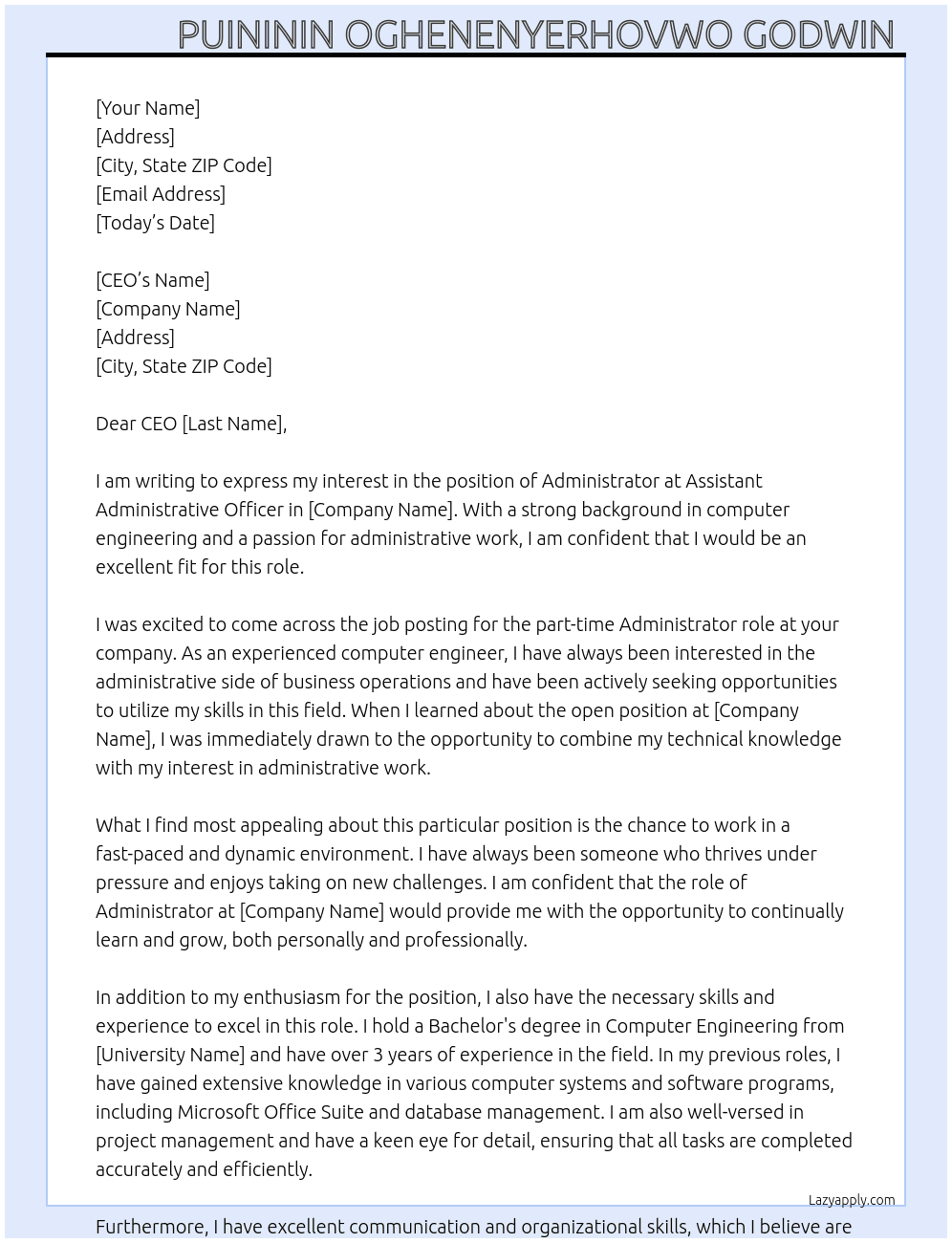 Administrator  At Assistant Administrative officer  Cover Letter