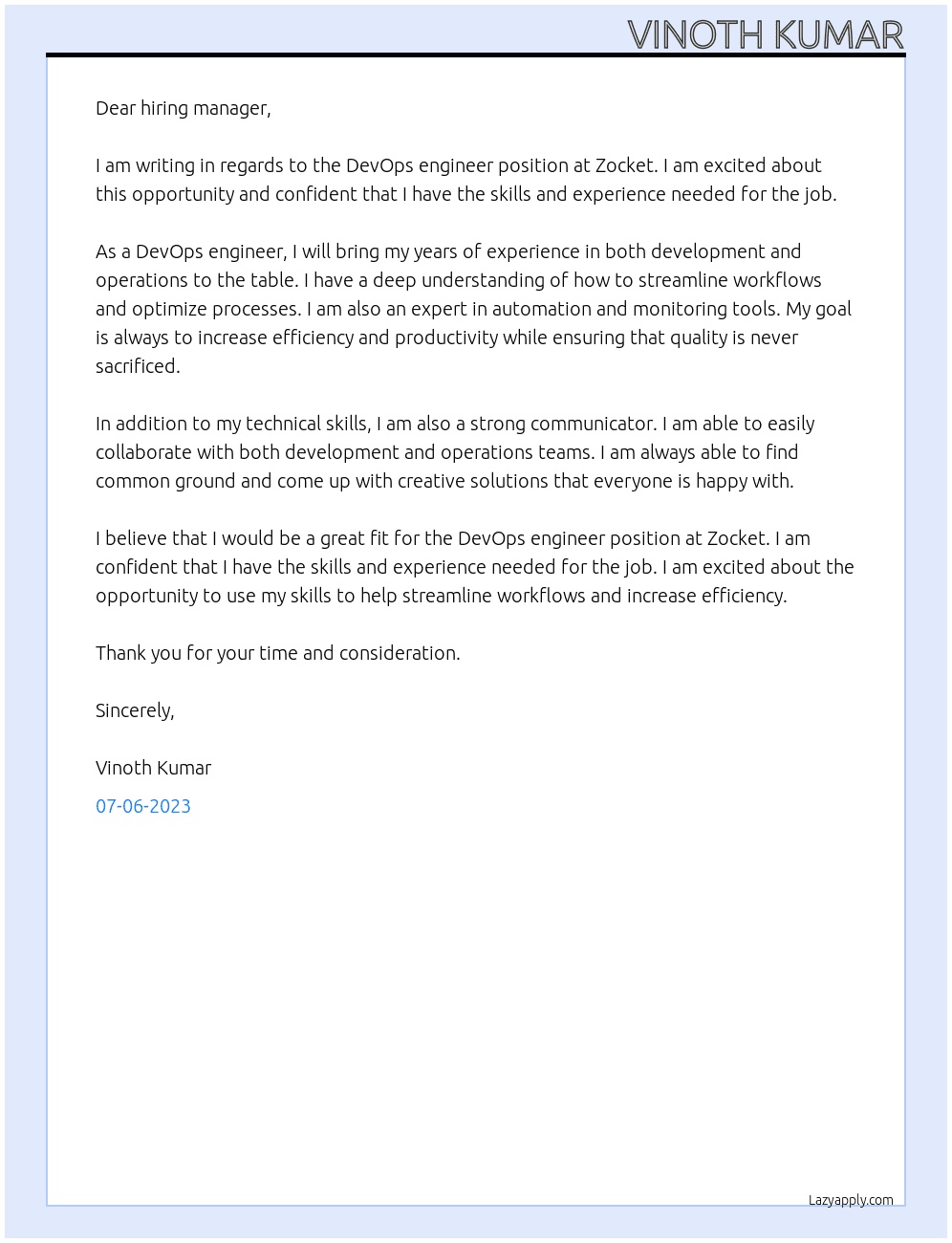 devops engineer At Zocket  Cover Letter