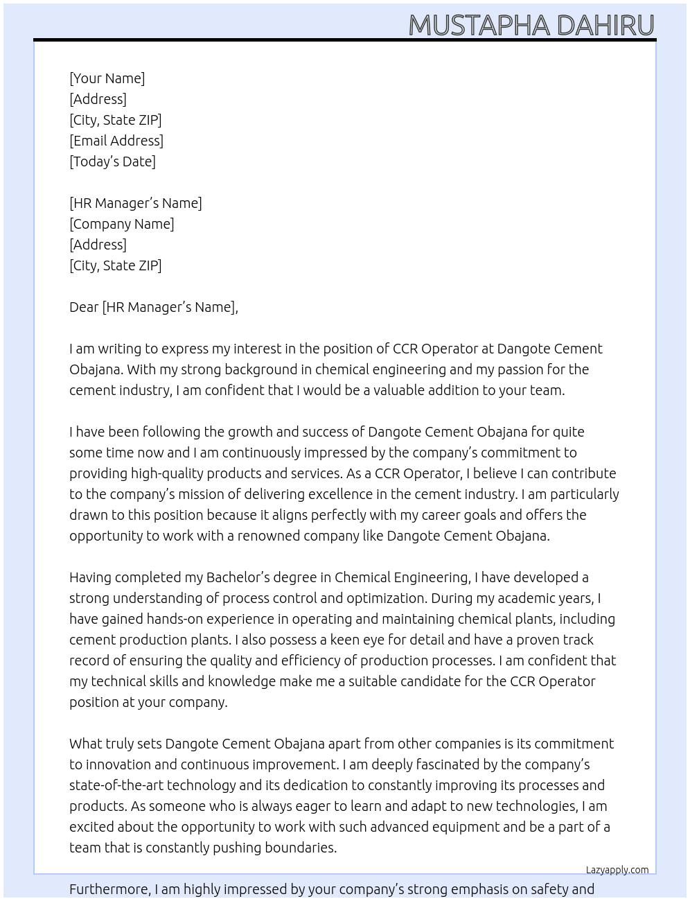 Cover letter for ccr operator - LazyApply