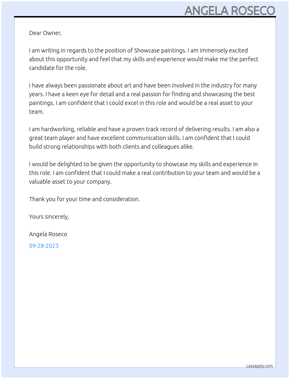 Showcase paintings  At Well being  Cover Letter