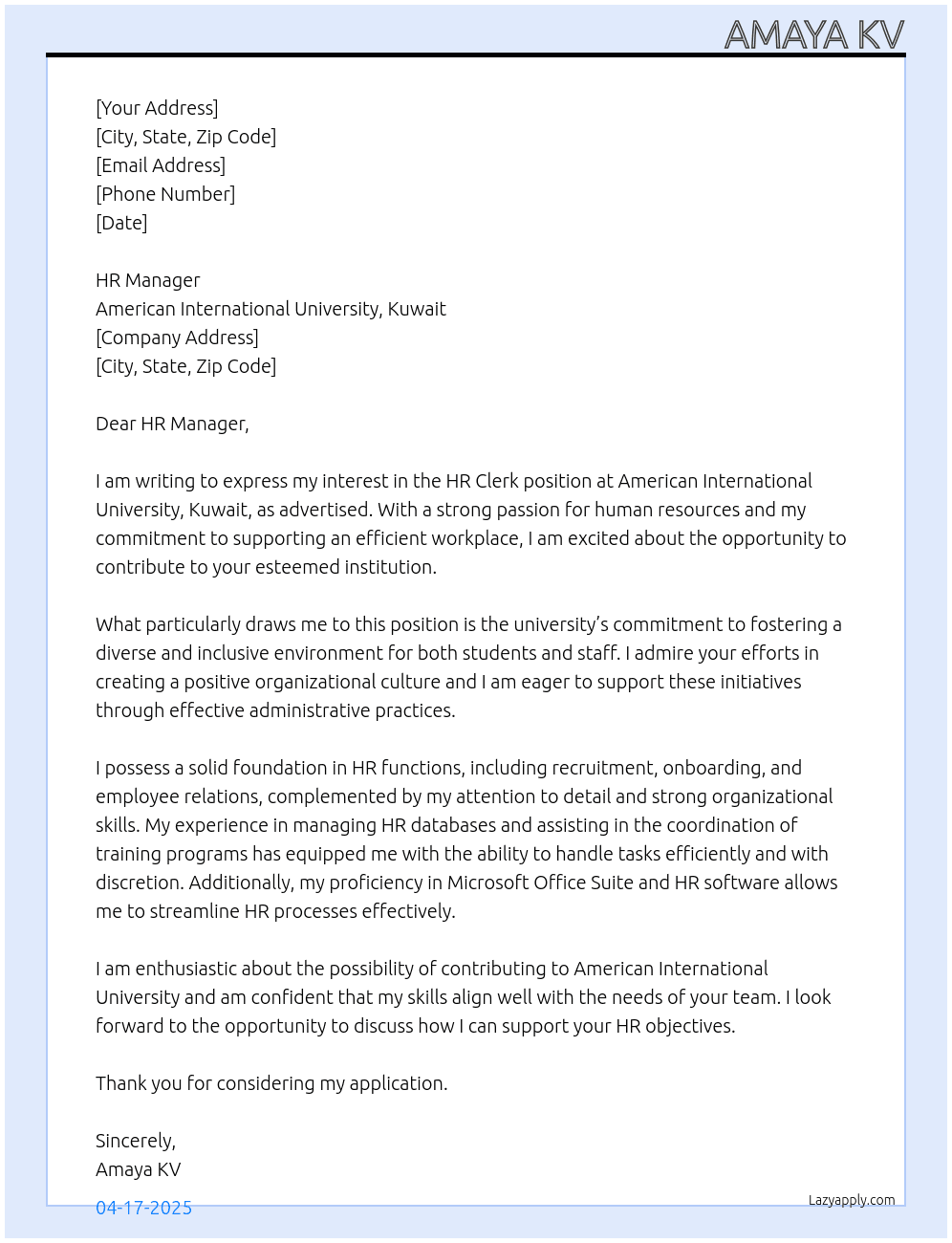 HR Clerk At American International University, Kuwait Cover Letter