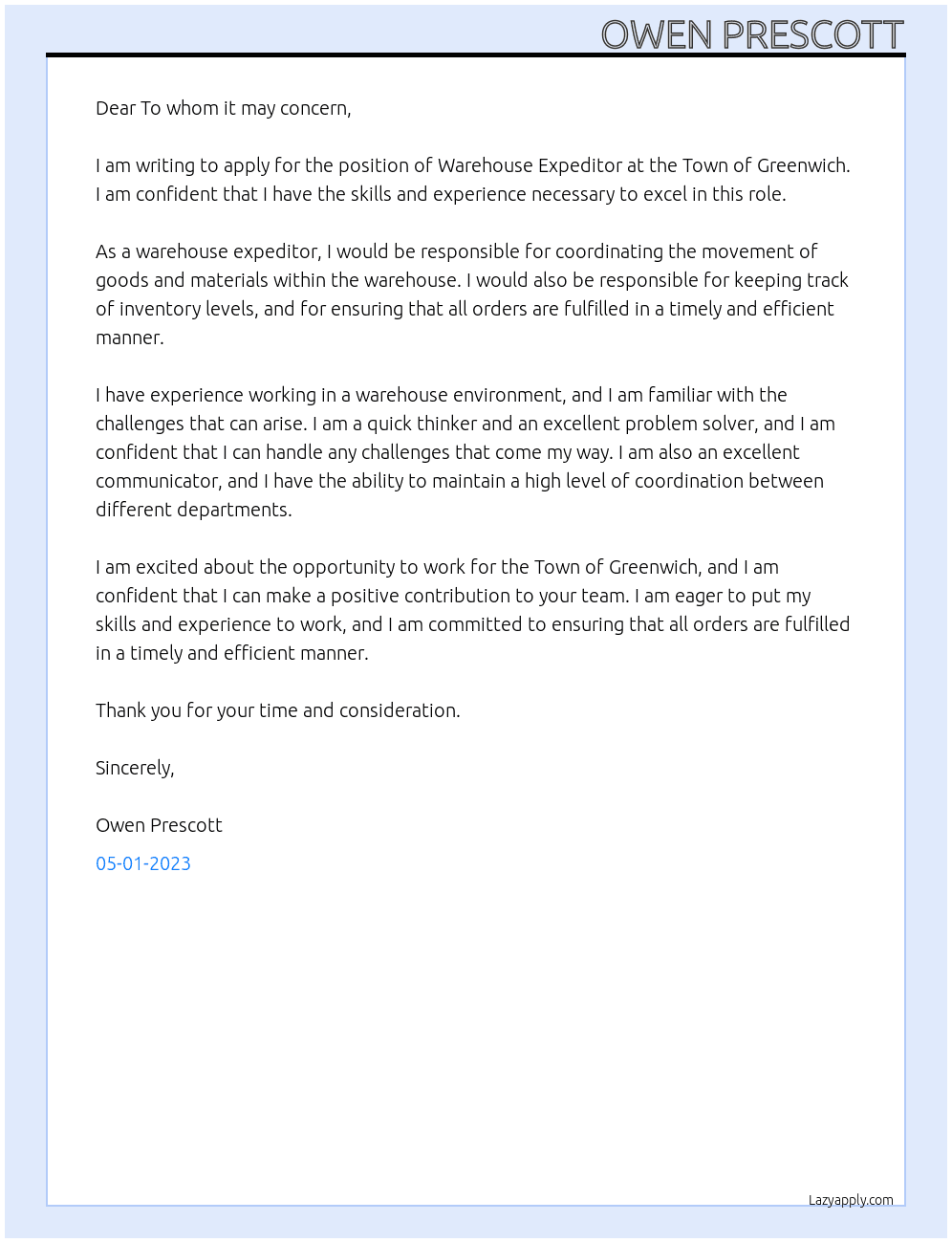 Warehouse  Expeditor At Town of Greenwich Cover Letter