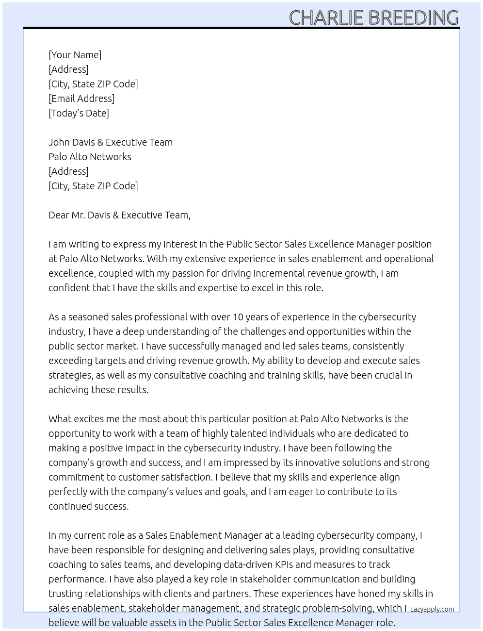 Public Sector Sales Excellence Manager At Palo Alto Networks Cover Letter