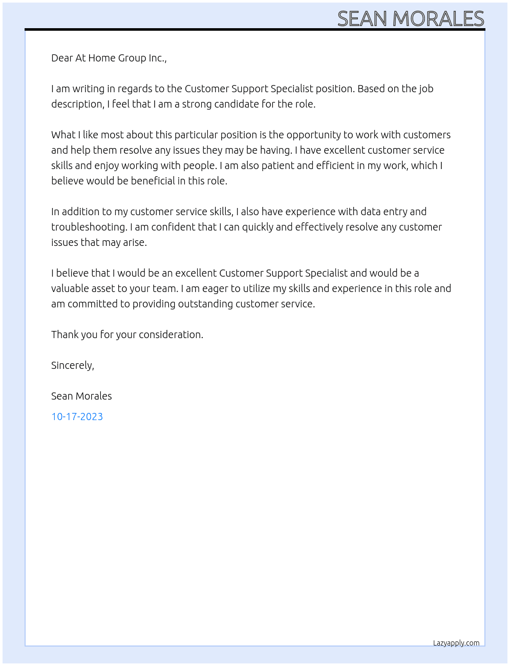 Customer Support Specialist  At At Home Group Inc. Cover Letter