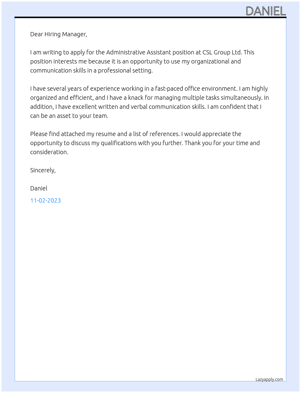 Administrative Assistant At CSL Group Ltd Cover Letter