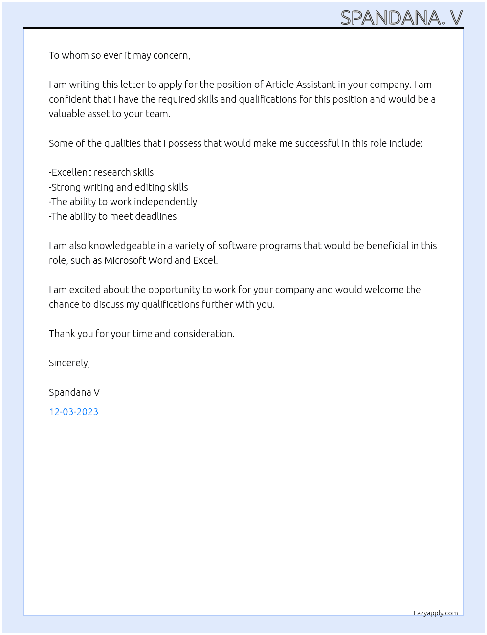 Article Assistant  At - Cover Letter