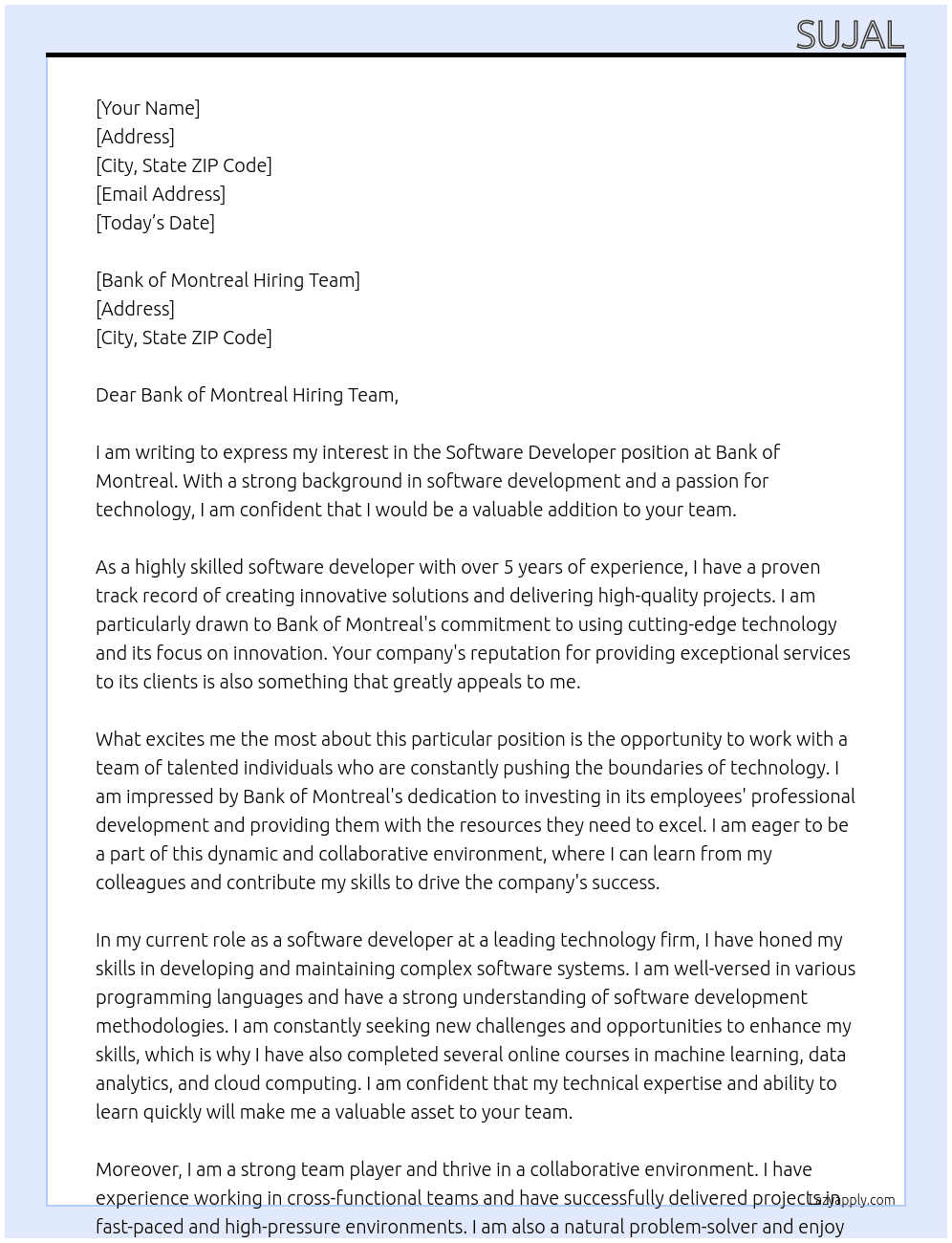 Software Developer At Bank of Montreal Cover Letter