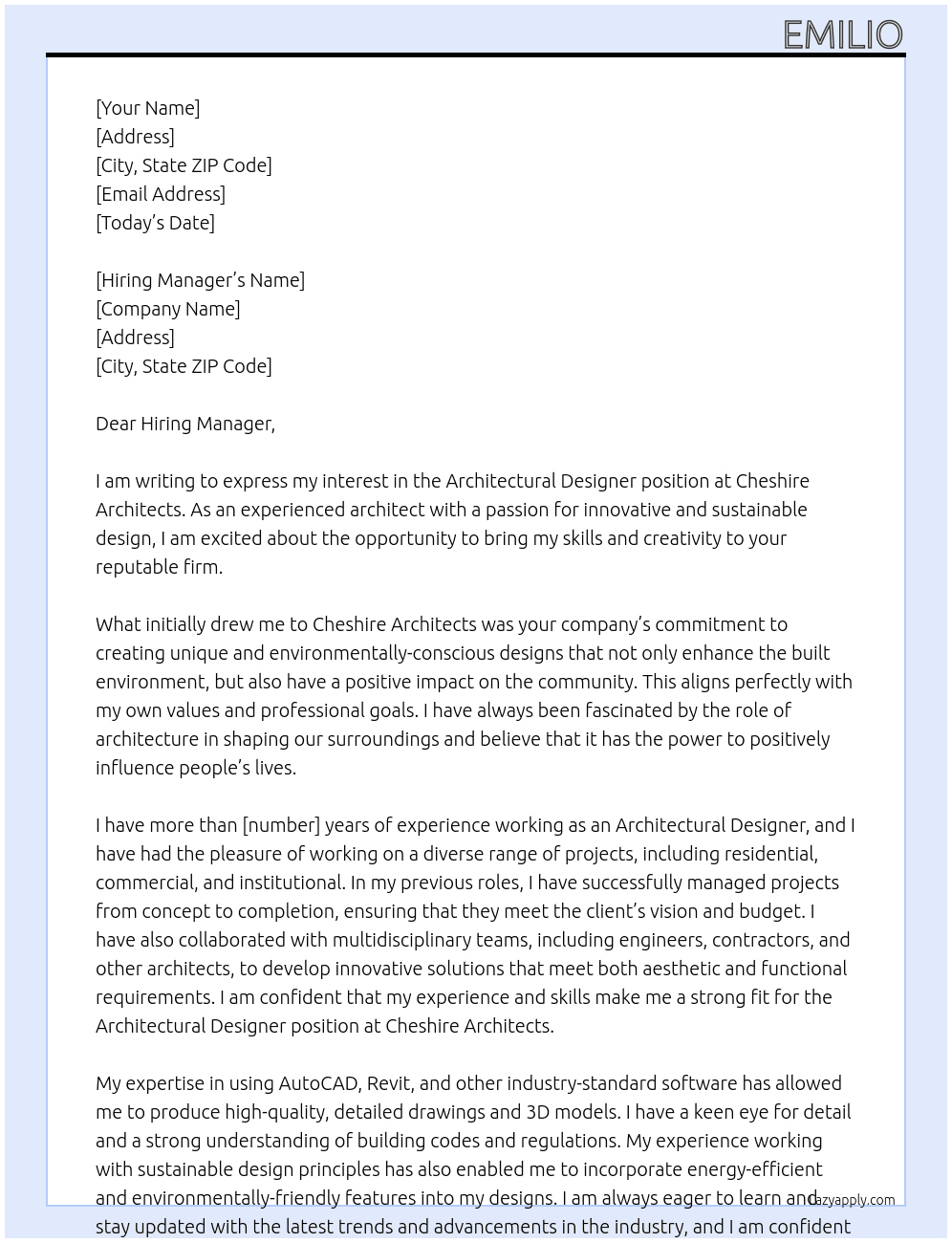 Architectural Designer At Cheshire Architects Cover Letter