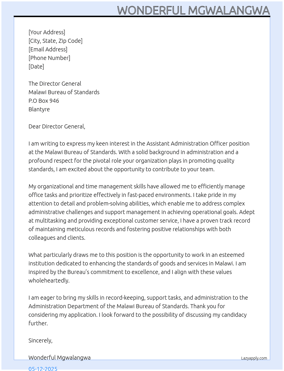 ASSISTANT ADMINSTRATION OFFICER At MALAWI BUREAU OF STANDARDS Cover Letter
