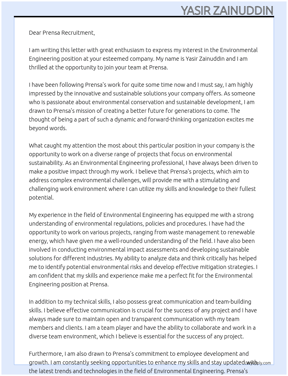 Environmental Engineering At Prensa Cover Letter
