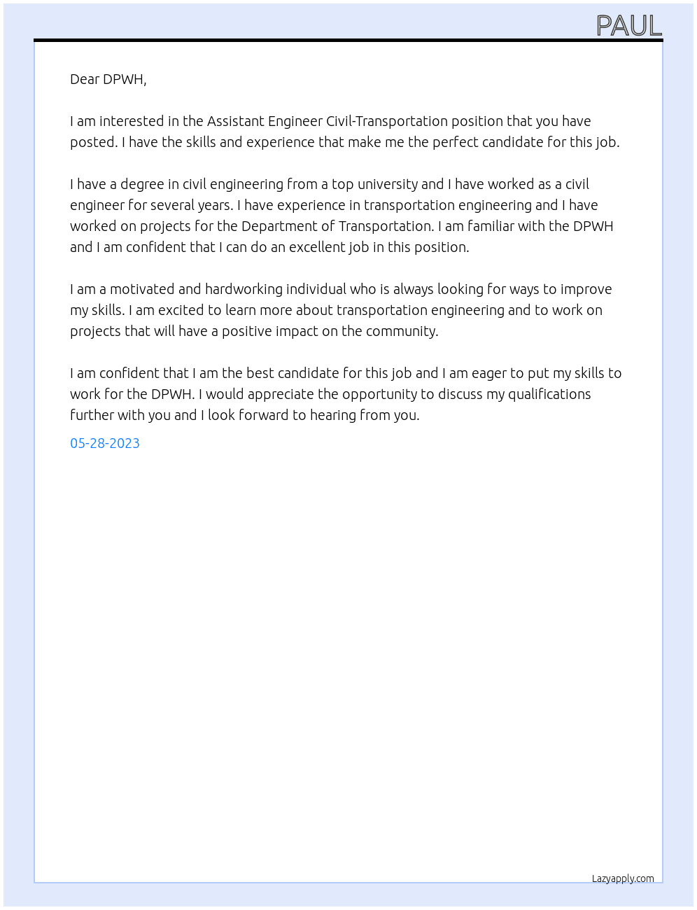 Assistant Engineer Civil-Transportation At DPWH Cover Letter