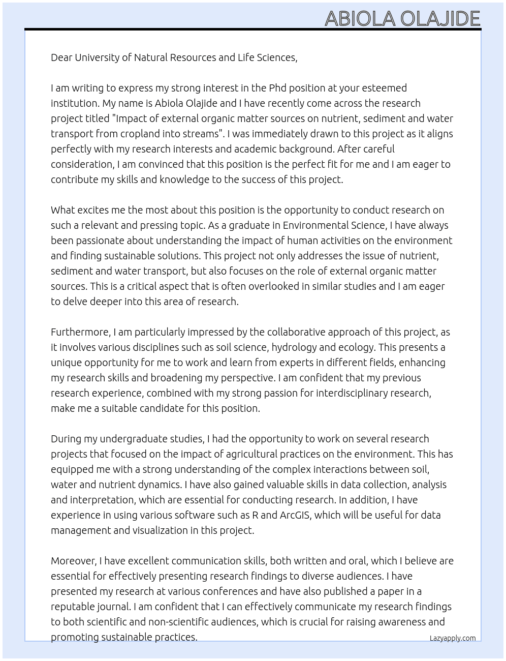 Phd At Impact of external organic matter sources on nutrient, sediment and water transport from cropland into streams Cover Letter