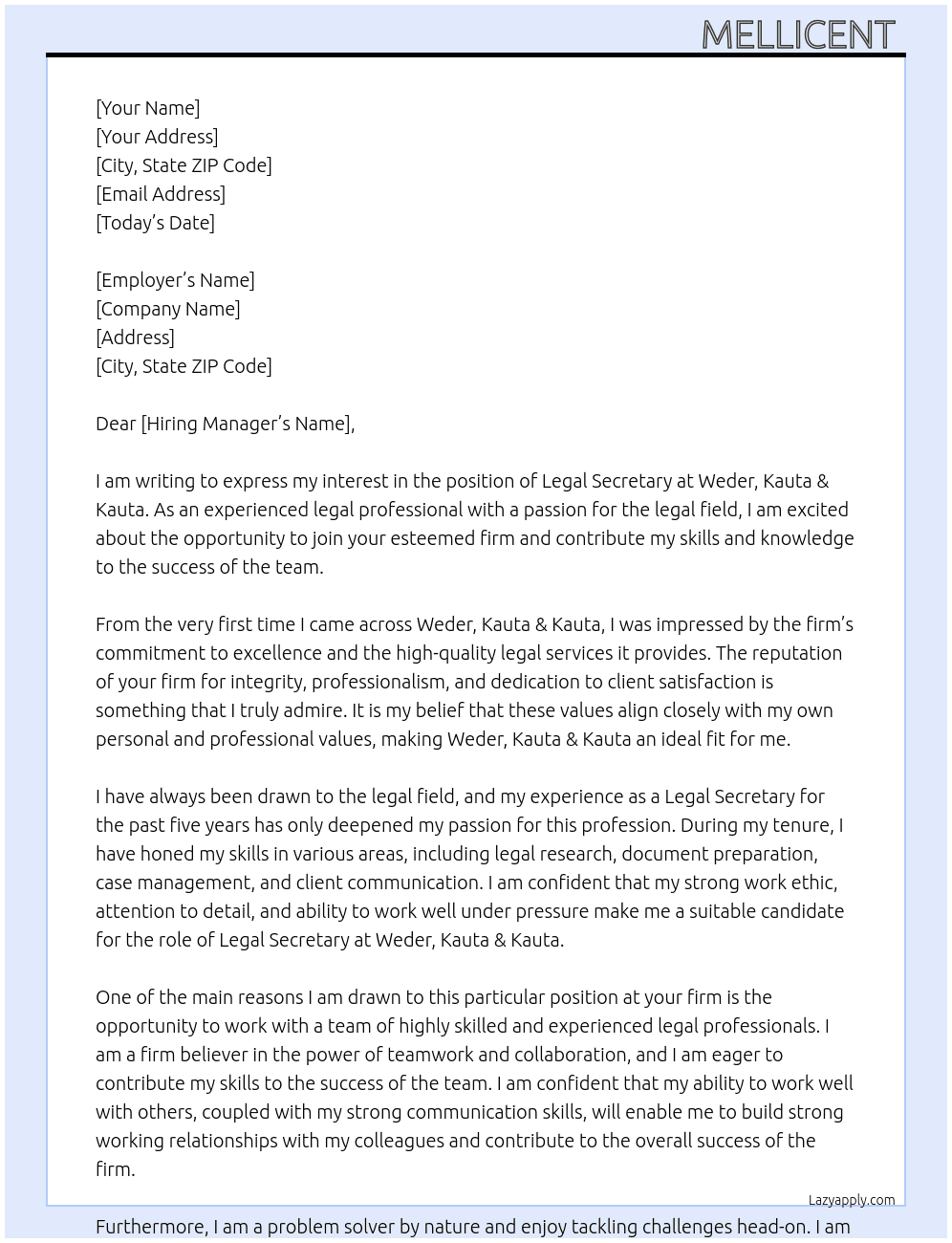 Legal secretary  At Weder, Kauta & Kauta Cover Letter