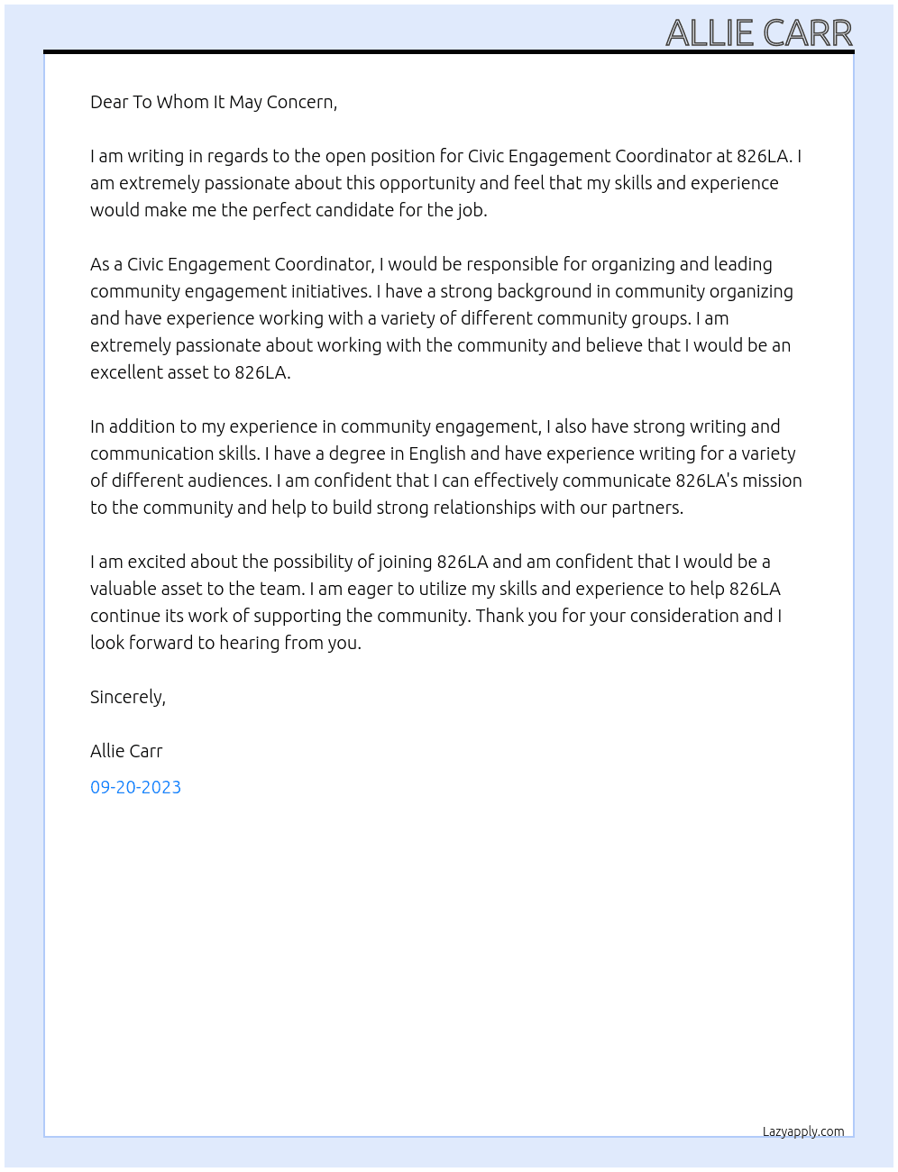 Civic Engagement Coordinator At 826LA Cover Letter